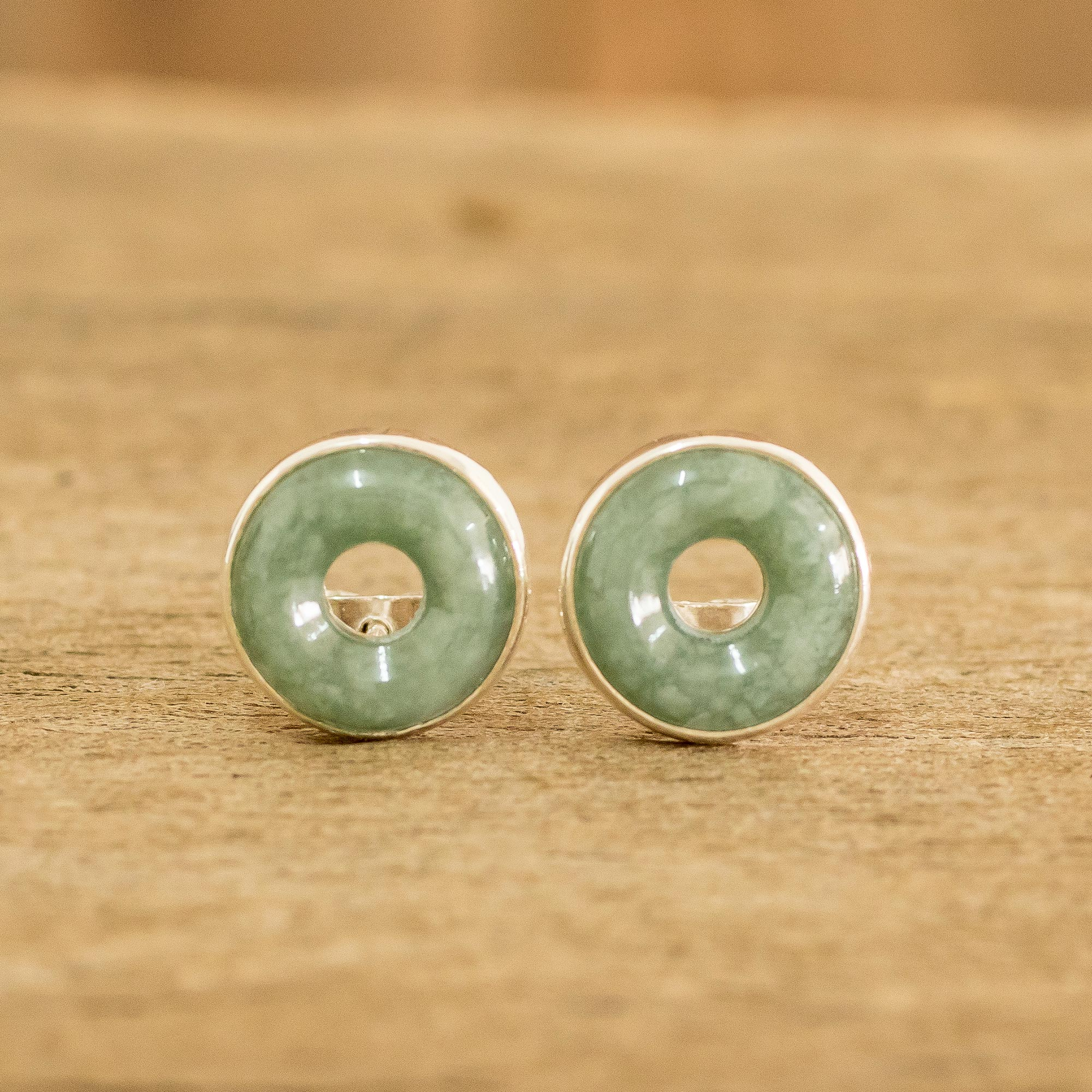 Green Jade Stud Earrings in Circle Design from Guatemala - Green