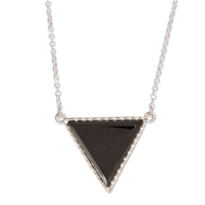 Jade pendant necklace, 'Black Triangle' - Black Jade Triangle Pendant Necklace in Sterling Silver