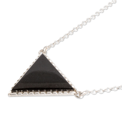 Jade pendant necklace, 'Black Triangle' - Black Jade Triangle Pendant Necklace in Sterling Silver