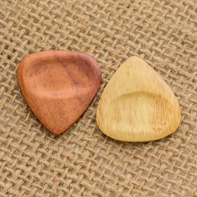Wood guitar picks, 'Eco-Rhythms' (pair) - Reclaimed Estoraque and Cypress Wood Guitar Picks (Pair)