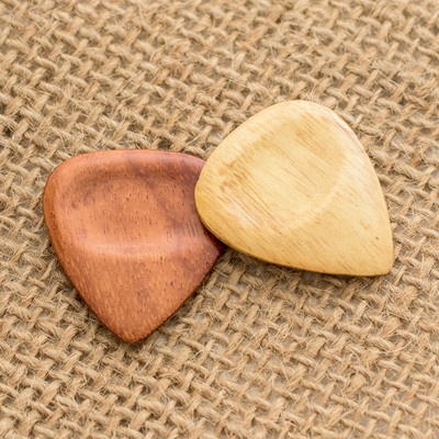 Wood guitar picks, 'Eco-Rhythms' (pair) - Reclaimed Estoraque and Cypress Wood Guitar Picks (Pair)