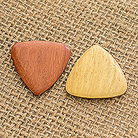 Wood guitar picks, 'Eco Song' (pair) - Reclaimed Estoraque and Cypress Wood Guitar Picks (Pair)