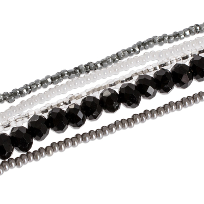 Glass and crystal beaded long necklaces, 'Ethereal Fusion' (set of 5) - Black and Silver Bohemian Beaded Necklaces (Set of 5)