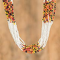 Beaded multi-strand long necklace, 'Light in Clouds' - White and Sunrise Hues Beaded Long Necklace from Guatemala