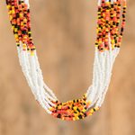 Beaded multi-strand long necklace, 'Light in Clouds' - White and Sunrise Hues Beaded Long Necklace from Guatemala