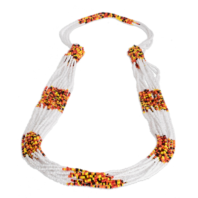 Beaded multi-strand long necklace, 'Light in Clouds' - White and Sunrise Hues Beaded Long Necklace from Guatemala