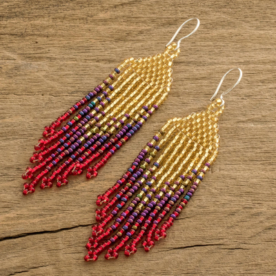 Wasserfall-Ohrringe mit Perlen, 'Feuerregen' - Glasperlen-Wasserfall-Ohrringe in Gold und Rot