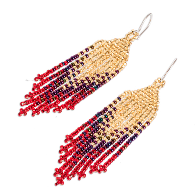 Beaded waterfall earrings, 'Rain of Fire' - Glass Beaded Waterfall Earrings in Gold and Red