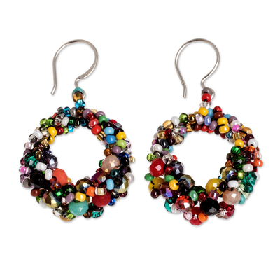 Beaded dangle earrings, 'Bauble Happiness' - Multicolored Glass Bead and Crystal Circular Dangle Earrings
