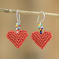 Glass bead dangle earrings, 'Dotted Hearts' - Bright Red Heart Earrings on Sterling Silver Hooks