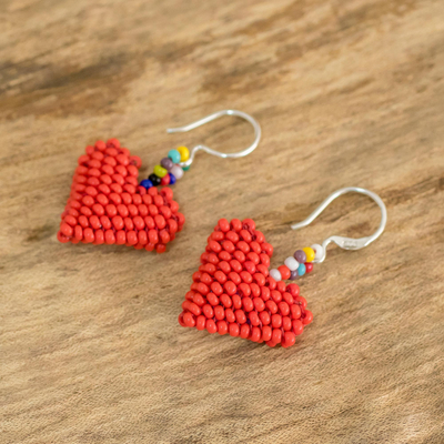 Glass bead dangle earrings, 'Dotted Hearts' - Bright Red Heart Earrings on Sterling Silver Hooks