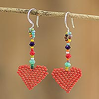 Glass bead dangle earrings, 'Rainbow Hearts' - Heart-Shaped Dangle Earrings Woven in Red Glass Beads