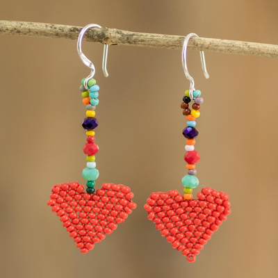 Glass bead dangle earrings, Rainbow Hearts