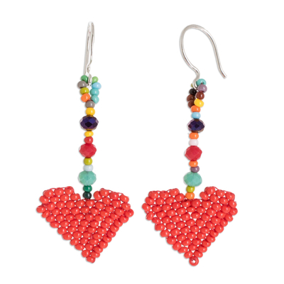 Heart-Shaped Dangle Earrings Woven in Red Glass Beads