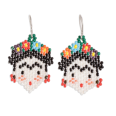 Beaded dangle earrings, 'Miss Kahlo' - Woven Glass Bead Earrings with Frida Kahlo Motif