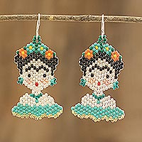Beaded dangle earrings, 'Miss Frida' - Handmade Glass Bead Earrings with Frida Kahlo Motif