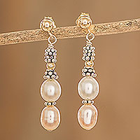 Cultured pearl beaded dangle earrings, 'Resplendent Rose' - Artisan Crafted Cultured Pearl Earrings