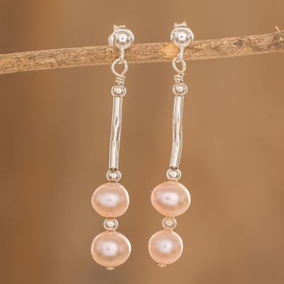 Cultured pearl dangle earrings, 'Rose Rising' - Sterling Silver and Pink Cultured Peal Earrings