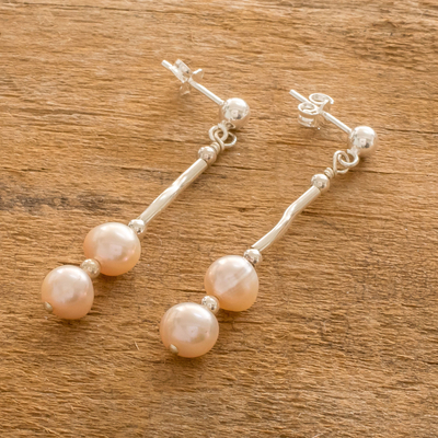 Aretes colgantes de perlas cultivadas - Aretes de plata esterlina y perlas rosadas cultivadas