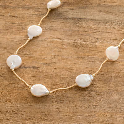 Collar de eslabones de perlas cultivadas bañadas en oro - Collar lleno de oro de 14 k con perlas cultivadas