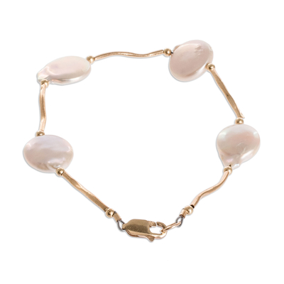 Gold filled cultured pearl link bracelet, 'Golden Destiny' - Link Bracelet with Cultured Coin Pearls