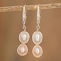 Cultured pearl dangle earrings, 'Pink and White' - Earrings with Cultured Pearl and 925 Silver