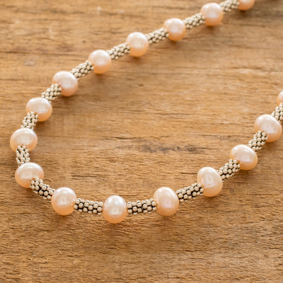 Cultured pearl beaded necklace, 'Rosy Combination' - Artisan Crafted Pink Cultured Pearl Necklace