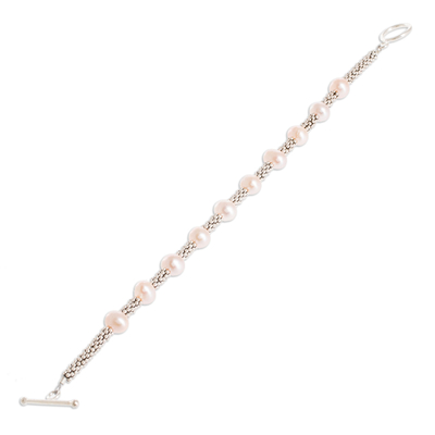 Cultured pearl beaded bracelet, 'Rosy Combination' - Sterling Silver and Cultured Pink Pearl Bracelet