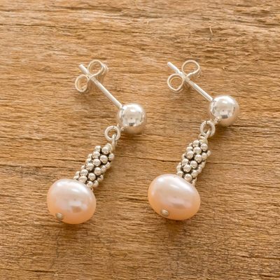 Aretes colgantes con cuentas de perlas cultivadas - Aretes de perlas cultivadas rosas con cuentas