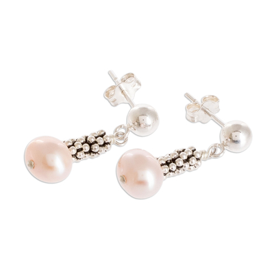 Aretes colgantes con cuentas de perlas cultivadas - Aretes de perlas cultivadas rosas con cuentas
