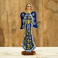 Cedar sculpture, 'Blue Archangel Gabriel' - Cedar Hand Painted Blue Angel Figure from Nicaragua