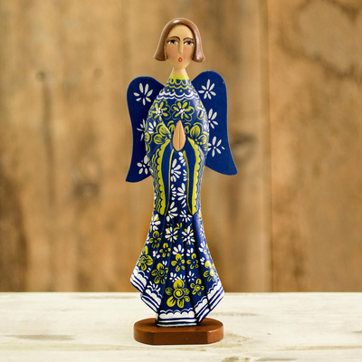 Cedar sculpture, 'Blue Archangel Gabriel' - Cedar Hand Painted Blue Angel Figure from Nicaragua