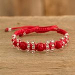 Beaded macrame bracelet, 'Red on Red' - Crimson and Clear Beaded Macrame Bracelet from Costa Rica