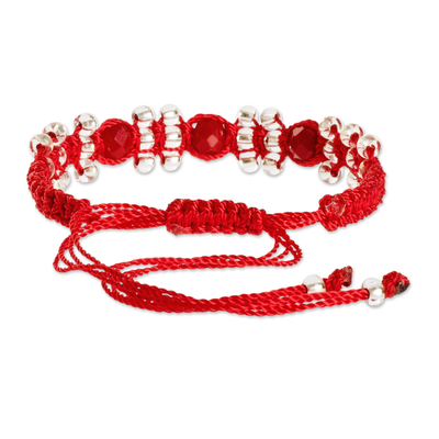 Beaded macrame bracelet, 'Red on Red' - Crimson and Clear Beaded Macrame Bracelet from Costa Rica