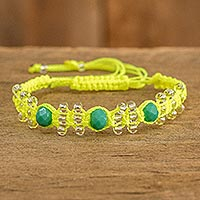 Beaded macrame bracelet, 'Teal on Yellow' - Neon Yellow and Teal Macrame Beaded Boho Bracelet