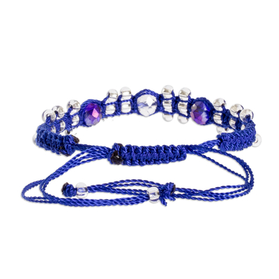 Beaded macrame bracelet, 'Crystals on Blue' - Dark Blue and Clear Crystal Macrame Beaded Bracelet