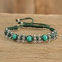Beaded macrame bracelet, 'Teal on Green' - Dark Green Teal and Clear Macrame and Beaded Bracelet