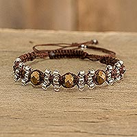 Beaded macrame bracelet, 'Bronze on Brown' - Brown Bronze and Clear Macrame and Beaded Bracelet