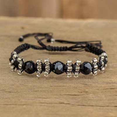 Beaded macrame bracelet, 'Black on Black' - Coal Black and Clear Macrame and Crystal Beaded Bracelet