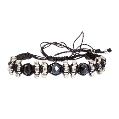 Coal Black and Clear Macrame and Crystal Beaded Bracelet