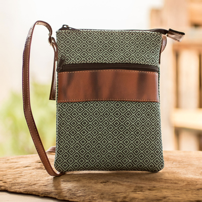 Leather-accented cotton sling, 'Comalapa Diamonds in Mint' - Adjustable Cotton and Leather Sling Bag