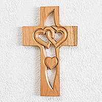 Wood wall cross, 'Faithful Hearts' - Hand Carved Wood Cross