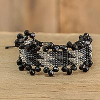 Beaded wristband bracelet, 'Crystalline Black' - Black and Grey Beaded Wristband Bracelet from Guatemala