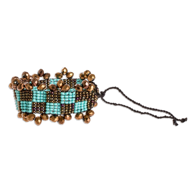Beaded wristband bracelet, 'Atitlan Checks' - Bronze and Turquoise Beaded Bracelet