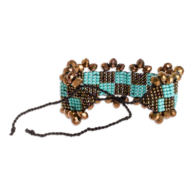 Beaded wristband bracelet, 'Atitlan Checks' - Bronze and Turquoise Beaded Bracelet