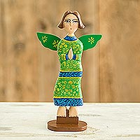 Cedar sculpture, 'Green Angel of Hope' - Cedar Hand Painted Green Angel Figure from Nicaragua