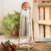 Blown glass decanter, 'Clarity' - Handblown Glass Decanter with Wood Stopper