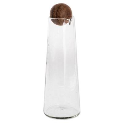 Blown glass decanter, 'Clarity' - Handblown Glass Decanter with Wood Stopper