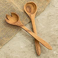 Servidores de ensalada de madera de teca, 'Ensalada fresca' (par) - Servidores de ensalada de teca artesanales (par)
