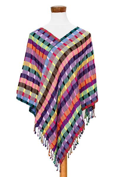 Cotton poncho, 'San Juan Fiesta' - Multicolored Cotton Poncho from Guatemala